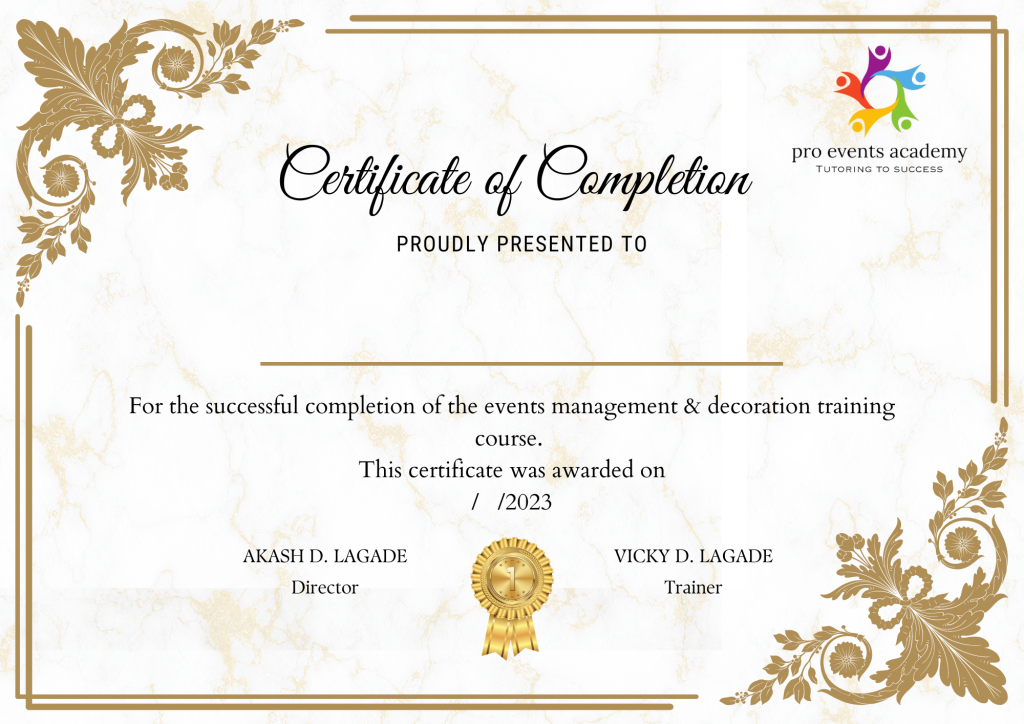 certificate of events managements & decoration training course